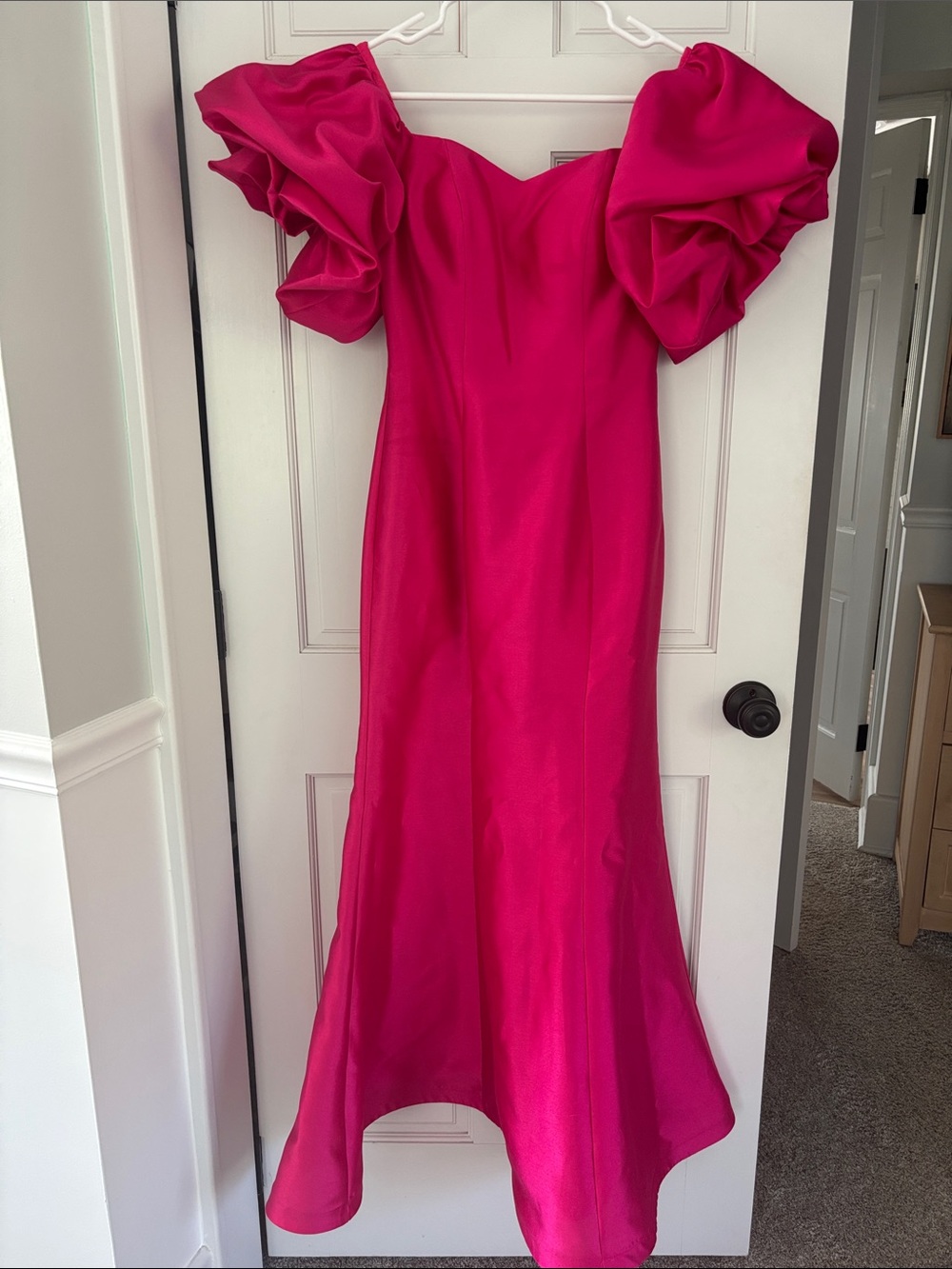 Mac Duggal Hot Pink Off-Shoulder Puff Sleeve Gown